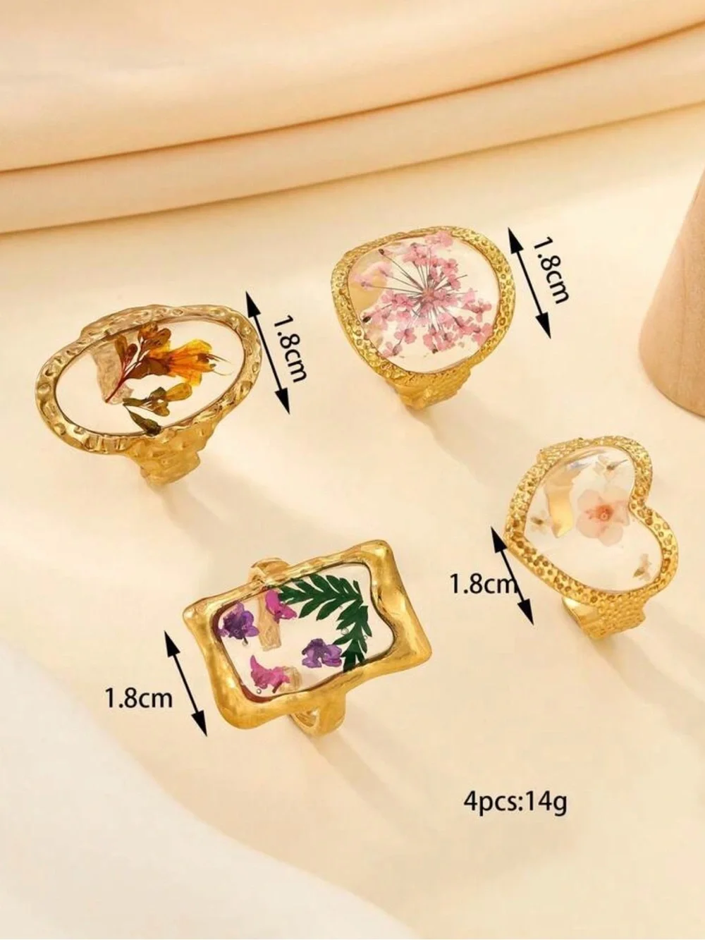 Adjustable Gold Pressed Flower Rings set of 4|Vintage Botanical Statement Jewery